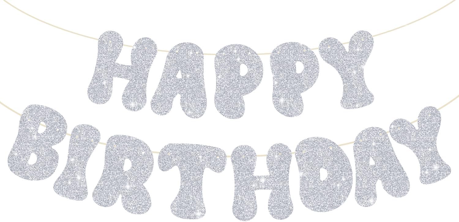 Paintings - BEISHIDA Silver Glitter Happy Birthday Banner，Pre-Strung Gold Glitter Happy Birthday sign， NO DIY - Gold Glitter Birthday Garland for Birthday Party，Birthday Decor