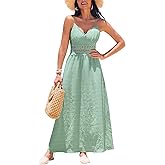 CUPSHE Women Backless Maxi Beach Summer Dress V Neck Lace Cutout Back Tie Spaghetti Strap Casual Wedding Guest Dresses