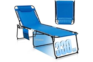 GYMAX Lounge Chairs for Outside, Extra High Folding Beach Tanning Lounger with Adjustable Backrest, Footrest & Removable Pillow, Sunbathing Lounge for Patio, Poolside (1, Navy with Pocket)