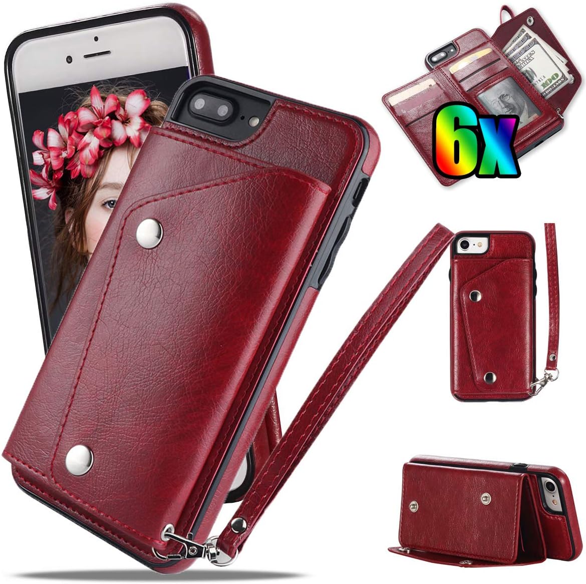 Vodico iPhone 8 Plus Wallet Case,iPhone 7 Plus Case with Card Holder, Slim Durable Sleek Textured Leather Flip Folio Stand Cover Phone with Credit Card Slots,Money Pocket&Strap for Men/Women (Red)