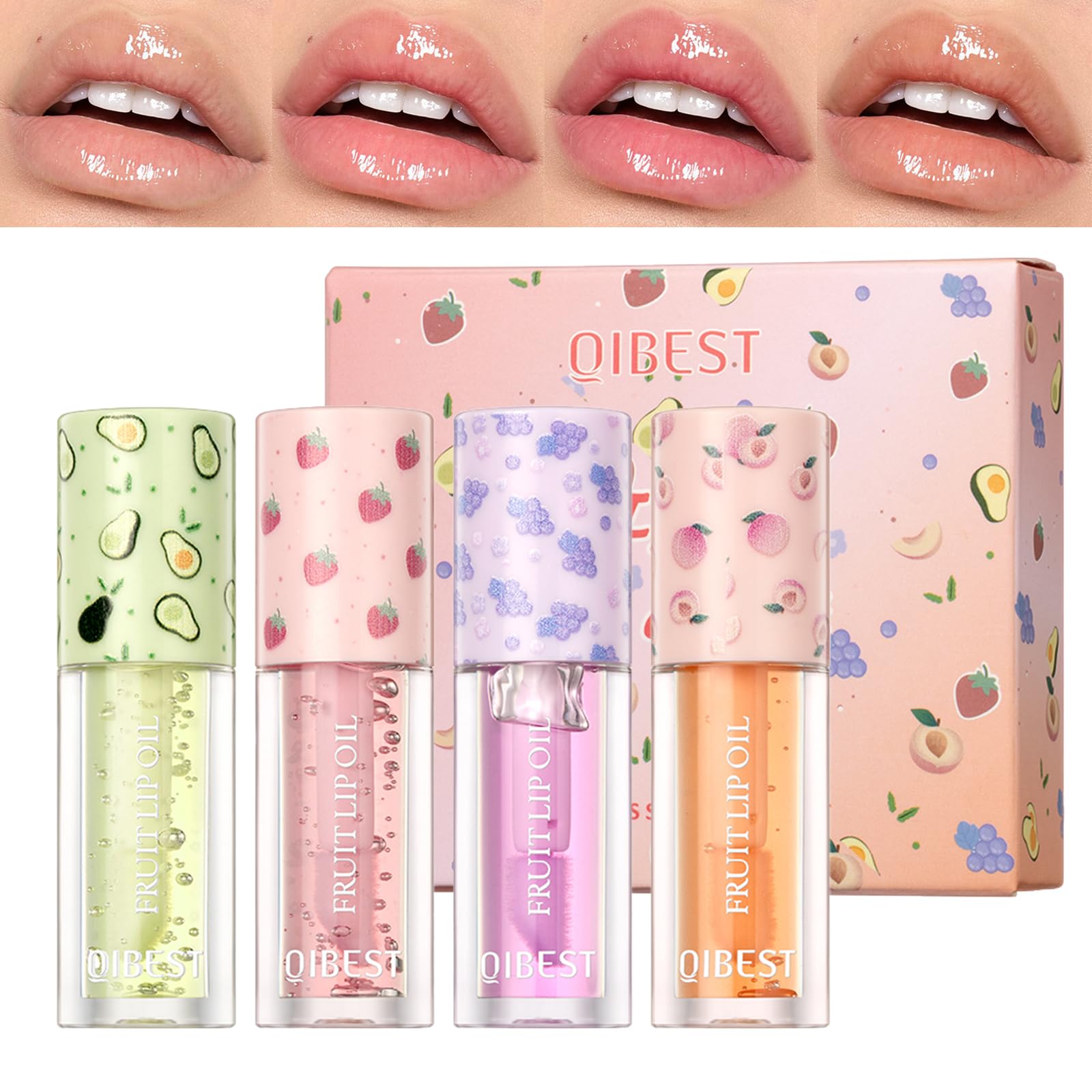 Mrettick Hydrating Lip Gloss 4 Pack Moisturizing Lip Balm Fruit-Flavored Lip Glow Oil Set Lip Care Kit，Beauty Gifts Sets for Women (#2, M)