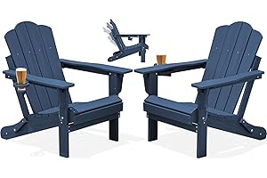 KINGYES Adjustable Folding Adirondack Chair Set of 2, 3-Position Reclining Adirondack Chairs with Cup Holder, HDPE All-Weather Oversized Adirondack for Outdoor, Patio, Backyard Deck, Fire Pit, Blue