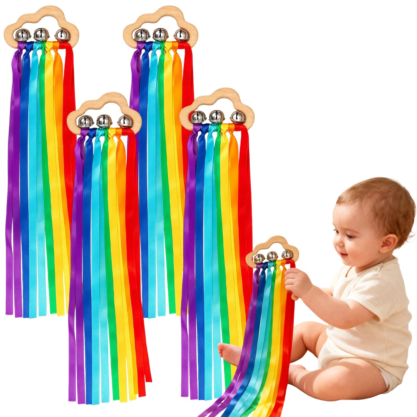 4 Pcs Rainbow Bell, Wooden Sensory Bell, Montessori Educational for Tod dlers, Rainbow Color Stimulation for Crawling and Play