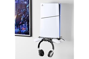 ZHGM Foldable Wall Mount Kit for PS5 Slim/Pro/PS5 Original, Metal Shelf Wall Mount for Playstation 5 Console Disc/Digital with 2 Controller Holder & 1 Headset Hanger, Saving Space PS5 Mount, Black
