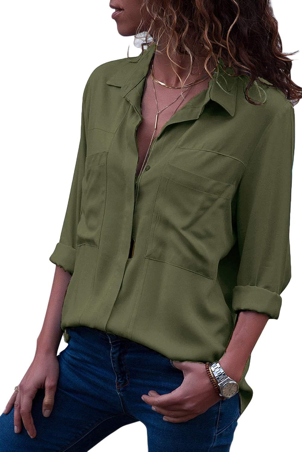 MISSLOOK Women’s Button Down Shirts Rollup Sleeve Blouse V Neck Casual Tunics Solid Color Tops