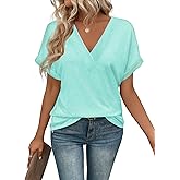 EyMuse V Neck Short Sleeve T-Shirts Womens Tops Basic Tees Fashion Trendy Casual Summer Outfits Spring Clothes 2025 Dressy,Mint Green,S-Old