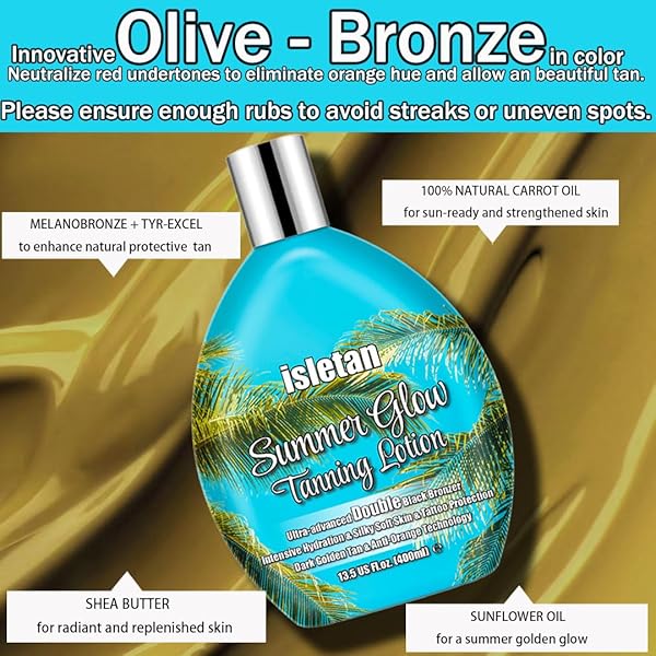 ISLETAN SUMMER GLOW TANNING LOTION ACCELERATOR FOR INDOOR TANNING BEDS & OUTDOOR SUN WITH BRONZER TO GET DARK FAST TAN，SUN BED TANNING LOTION DARK WITH TATTOO PROTECTING FORMULA, DHA FREE, 13.5OZ