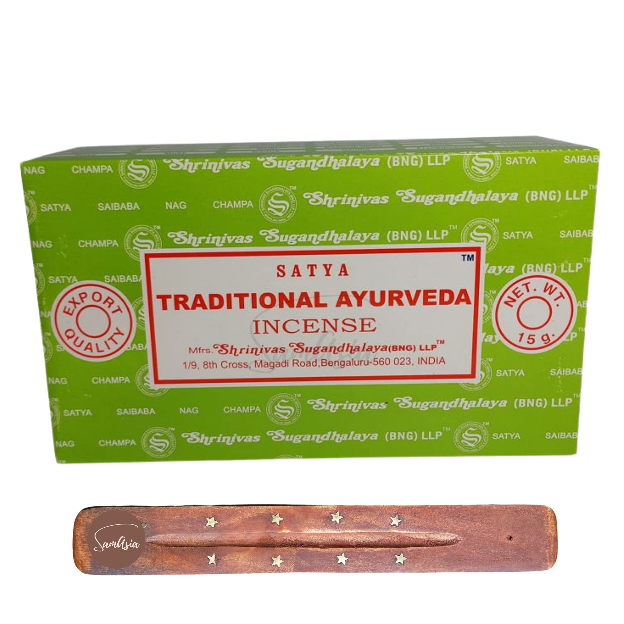 Satya Nag Champa Traditional Ayurveda Incense Sticks | x12 pack | with SAMASIA incense sticks holder | Used for Tromatherapy, Spa, Yoga, Weddings, Meditation, Healing, Positivity and Relaxation — image 1