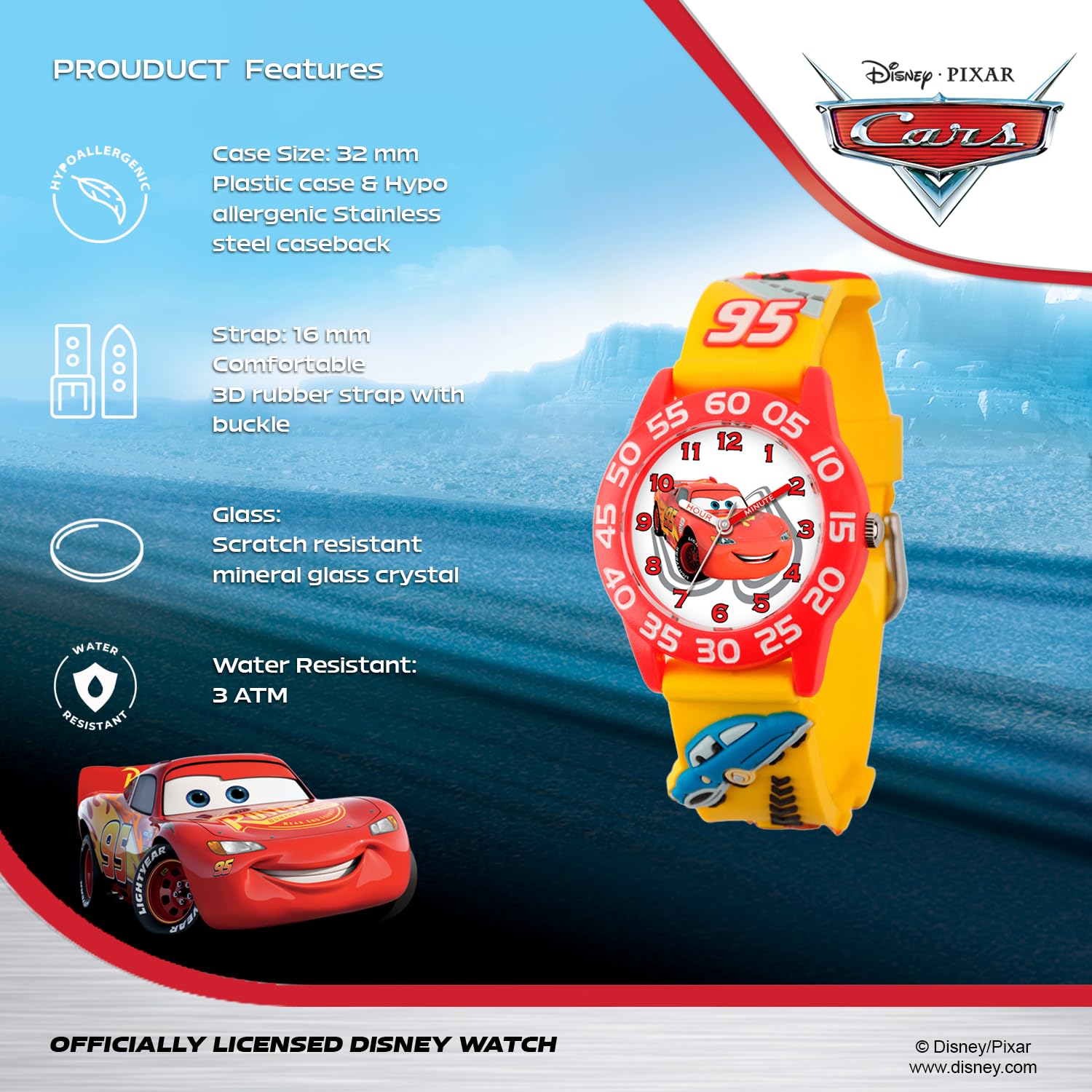 Disney Pixar Cars Lightning McQueen Watch for Kids - Boys Watch - Toddler Watches - Kids Toys Boys Toddler - for Teen - Red Bezel - 3D Yellow Strap