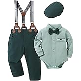 SOLOYEE Baby Boy Clothes Suits 0-24M Infant Gentleman Outfit Long Sleeve Dress Shirt+Suspender Pants+Bowtie+Beret Wedding Set