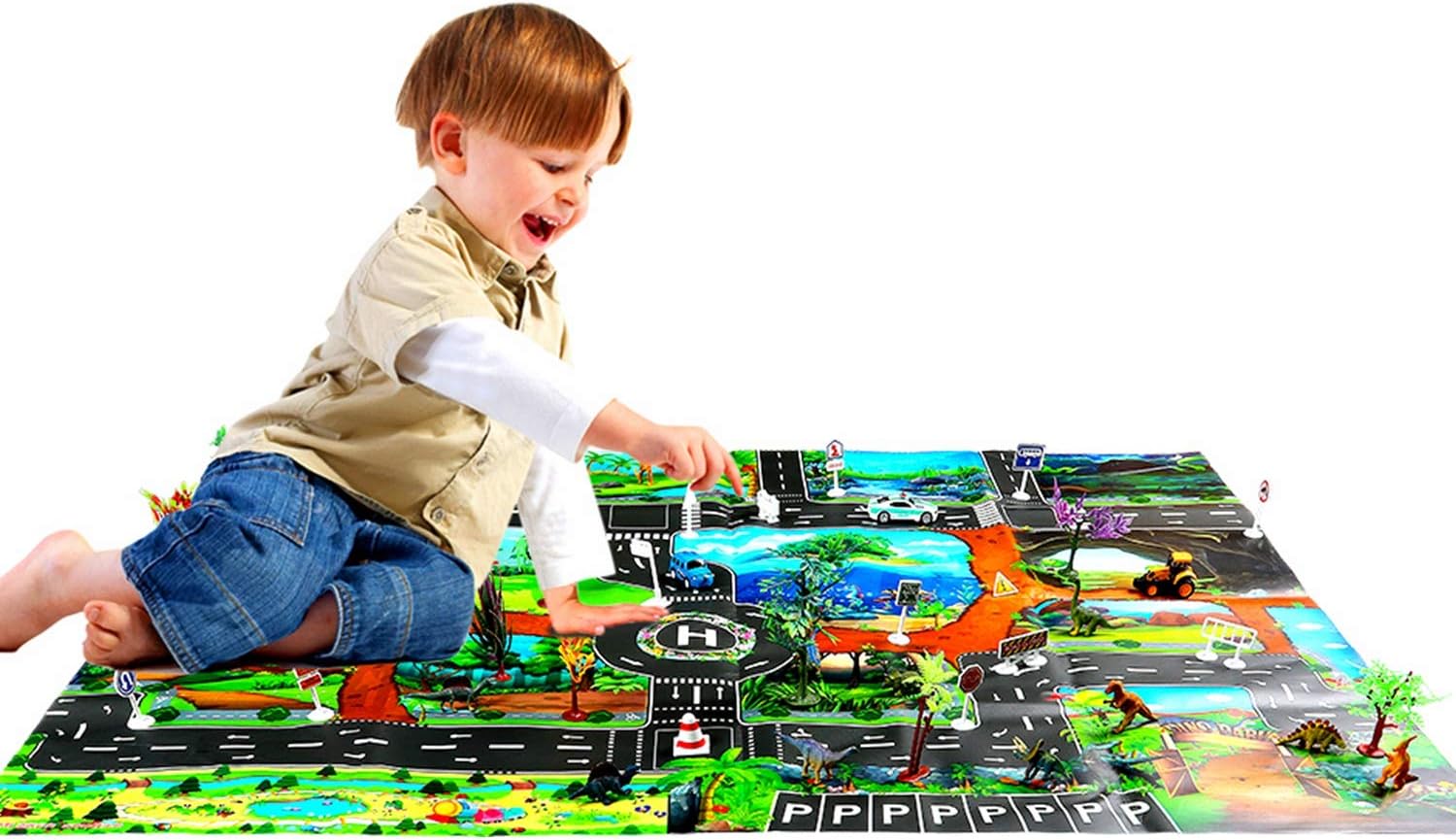 Dinosaur Play Set 44 Pcs, 12 Different Vivid Dinosaur Toys + 10 Trees + 3 Cars + 18 Signpost + map, Jurassic World Dinosaur Toys Set To Develop Kids Imagination, Perfect for Party Birthday Gifts