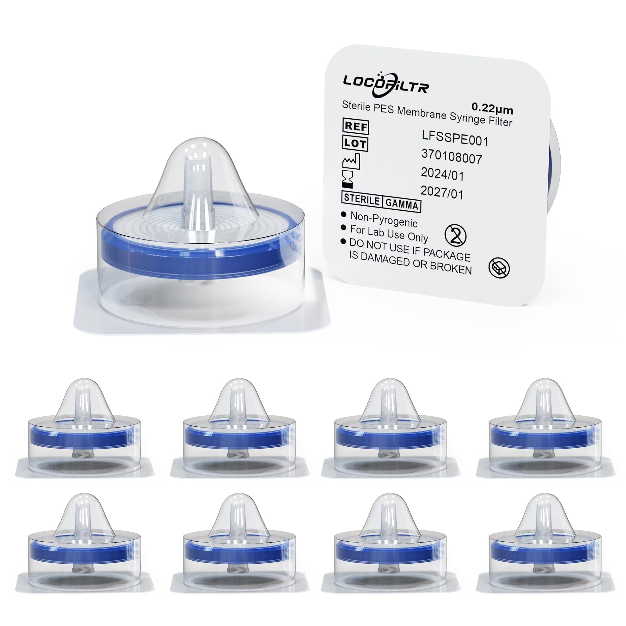 Photo 1 of Locofiltr Syringe Filters PES Membrane, Sterile, 33mm Diameter, 0.22um Pore Size, Hydrophilic Filtration, Individually Packed, Pack of 10