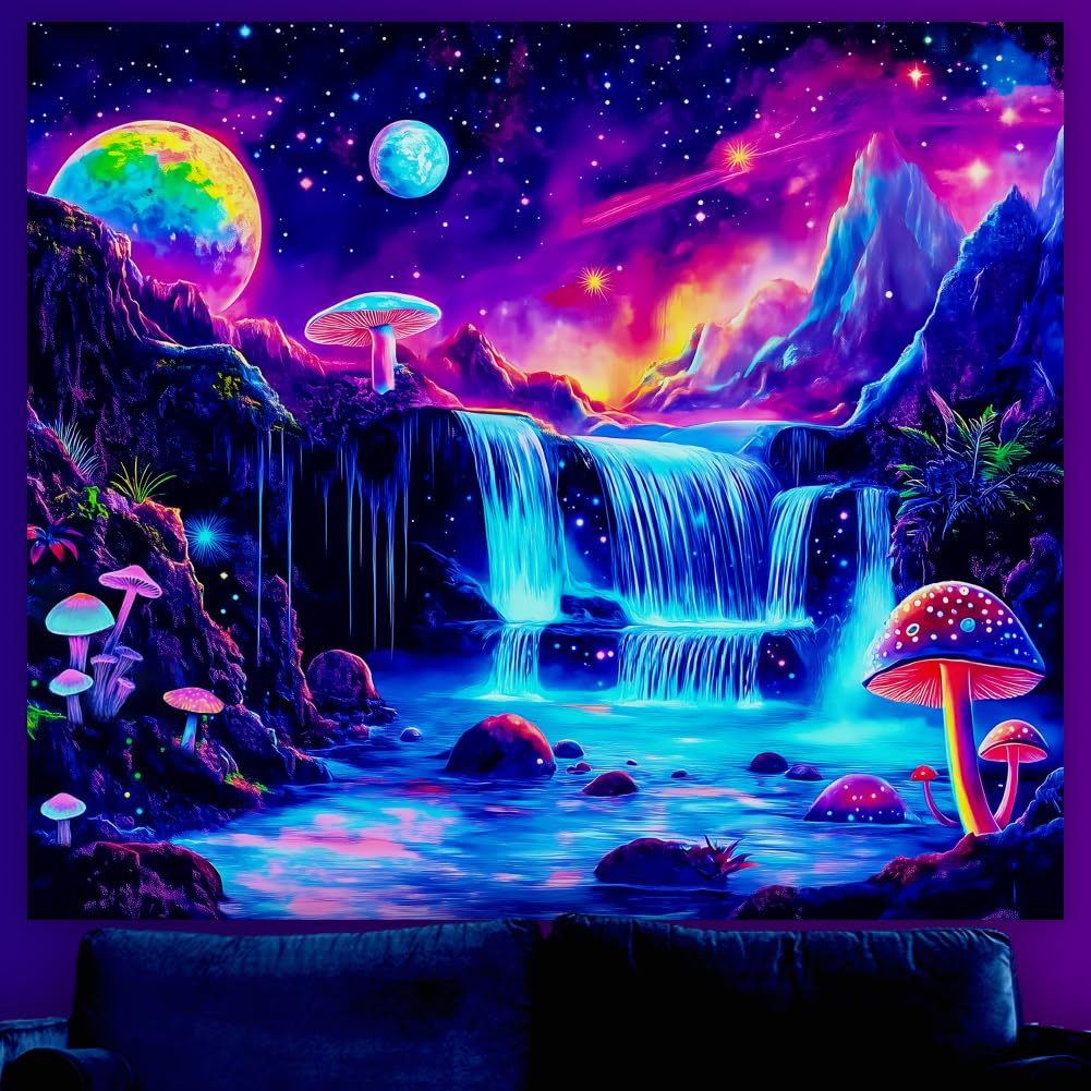 WEBEEDY UV Reactive Waterfall Tapestry Blacklight Galaxy Mushroom Landscape Tapestry Wall Hanging Aesthetic Glowing Tapestries for Bedroom Living Room Backdrop Party Decor, 150x130cm