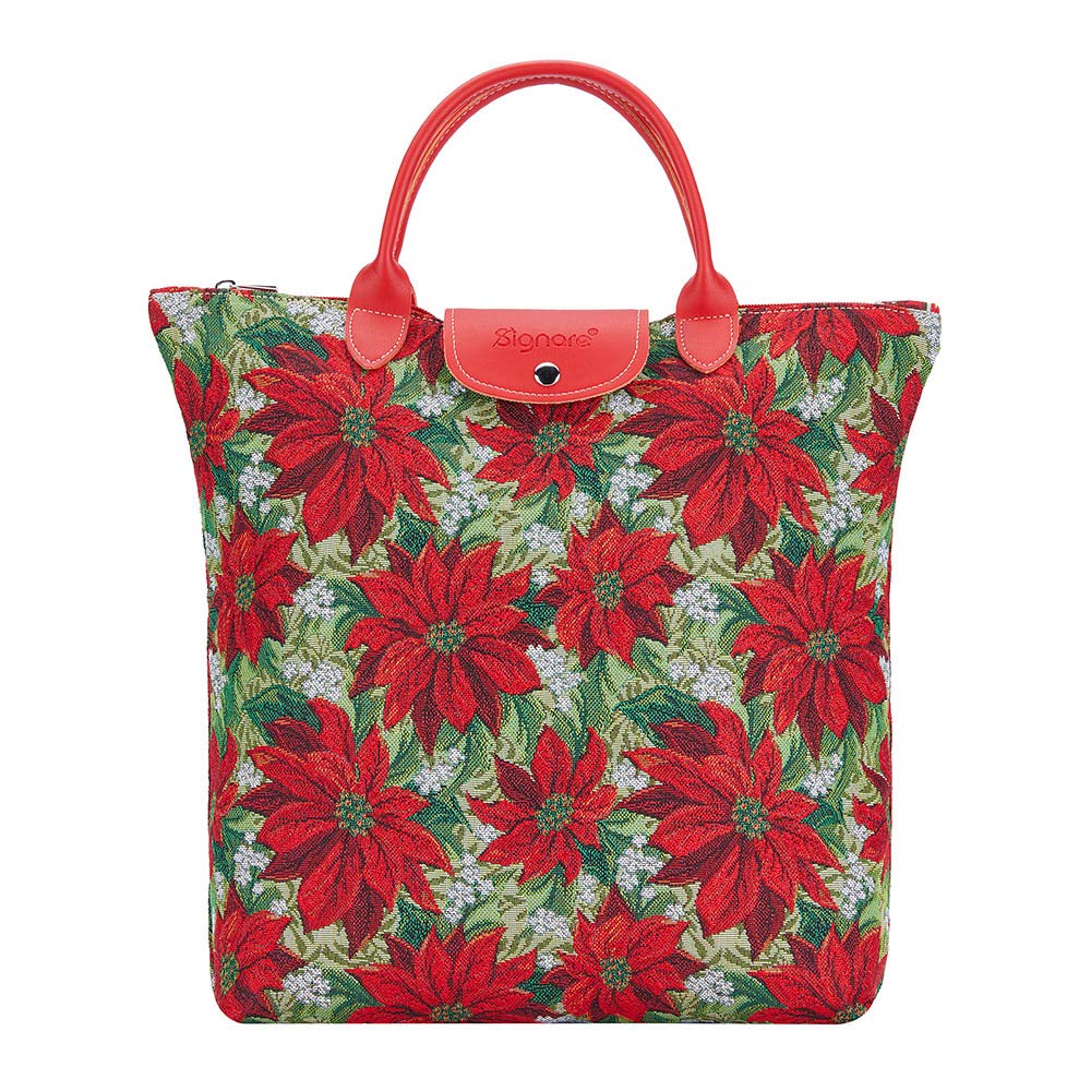 Signare Tapestry Foldable Tote Bag Reusable Shopping Bag Grocery Bag with Christmas Design (Poinsettias, FDAW-XMAS-POIN) โ image 1