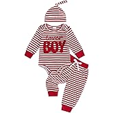 COORALLY 3pcs Valentine's Day Baby Boy Outfit Lover Boy Embroidery Striped Long Sleeve Romper Pants Hat Clothes Set