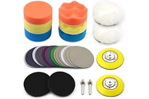 POLIWELL 3 Inch Car polishing Sanding Discs & Buffing Sponge Pads Kit with 1/4 inch Shank Backing Pad + Soft Interface Pad + Woolen Buffer Pads for Sanding Polishing Waxing, Total 34PCS