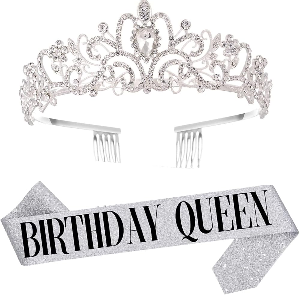 Leixi Birthday Queen Sash & Rhinestone Tiara Set Silver