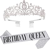 Leixi Birthday Queen Sash & Rhinestone Tiara Set Silver