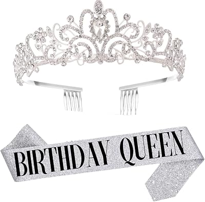 Leixi Birthday Queen Sash & Rhinestone Tiara Set Silver