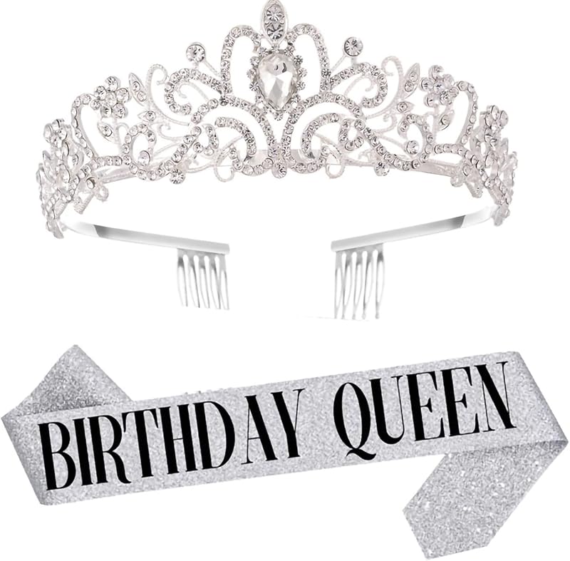 Leixi Birthday Queen Sash & Rhinestone Tiara Set Silver