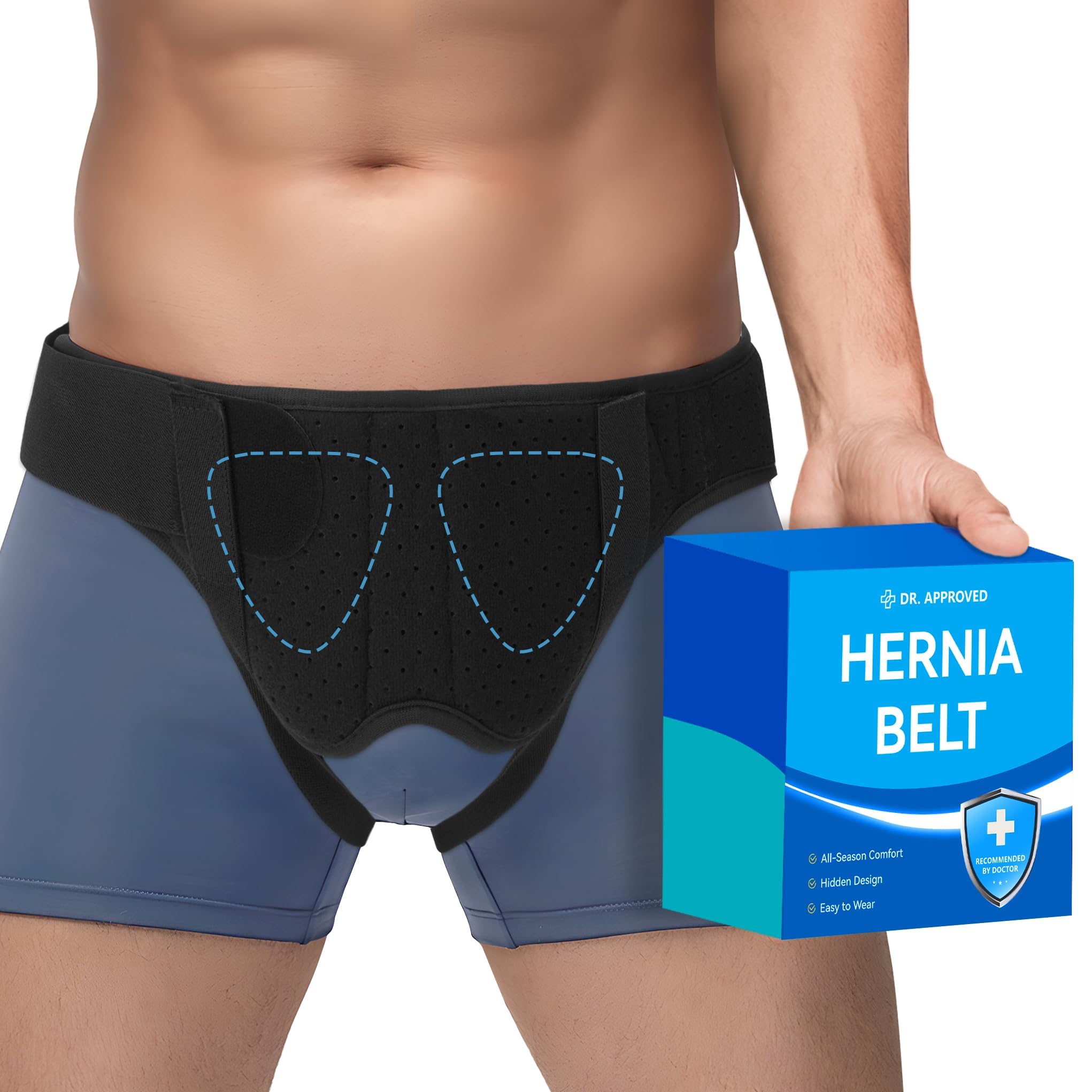 Photo 1 of Hernia Belt for Men and Women, Hernia Support Truss for Single/Double Inguinal, Adjustable Waist Strap with 2 Removable Compression Pads, Black