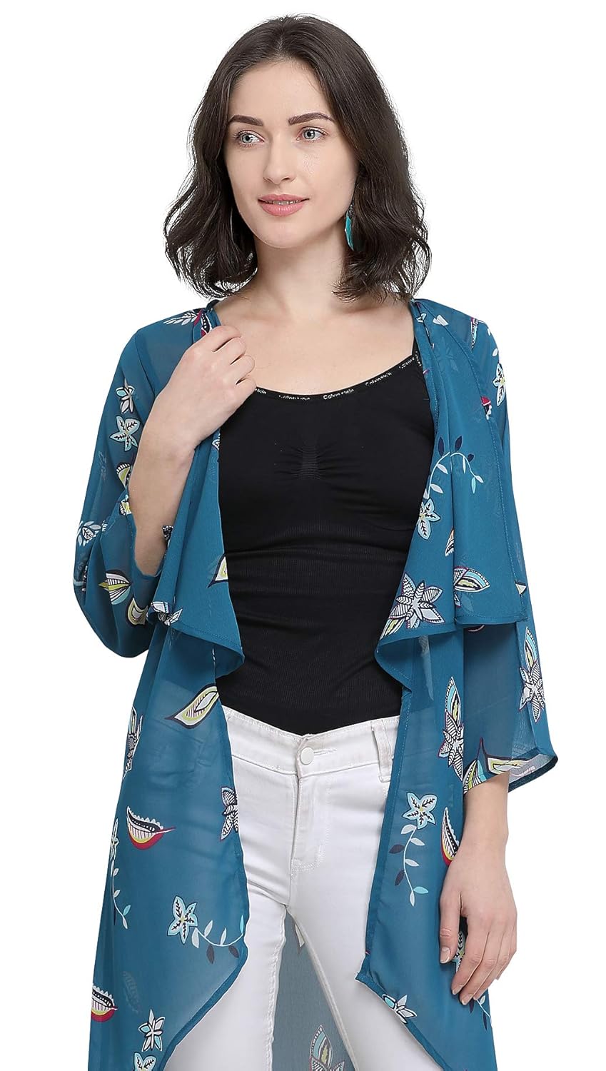 serein women's teal blue botanical floral print georgette shrug/long jacket