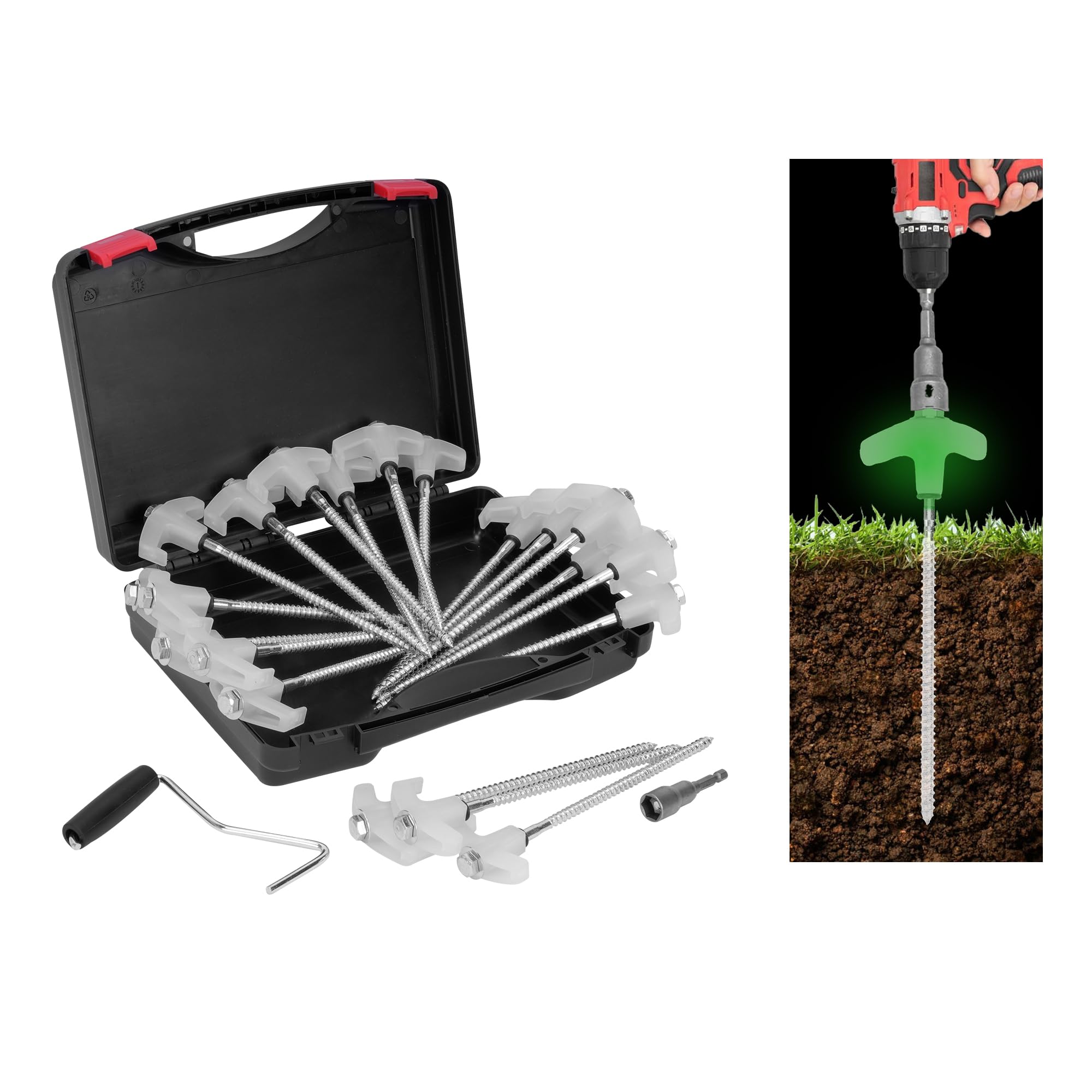 lesolar 20PCS Heavy Duty Tent Pegs, 8'' Glow in The Dark Metal Heavy Duty Tent Pegs,Threaded Tent Spikes with Hex Head Adapter,Pull Hook and Carry Case for Camping Garden Decoration