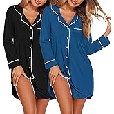 Ekouaer 2 Pack Nightgowns for Women Long Sleeve Night Shirt Button Down Sleep Shirt V-Neck Sleep Dress Pajama Sleepwear