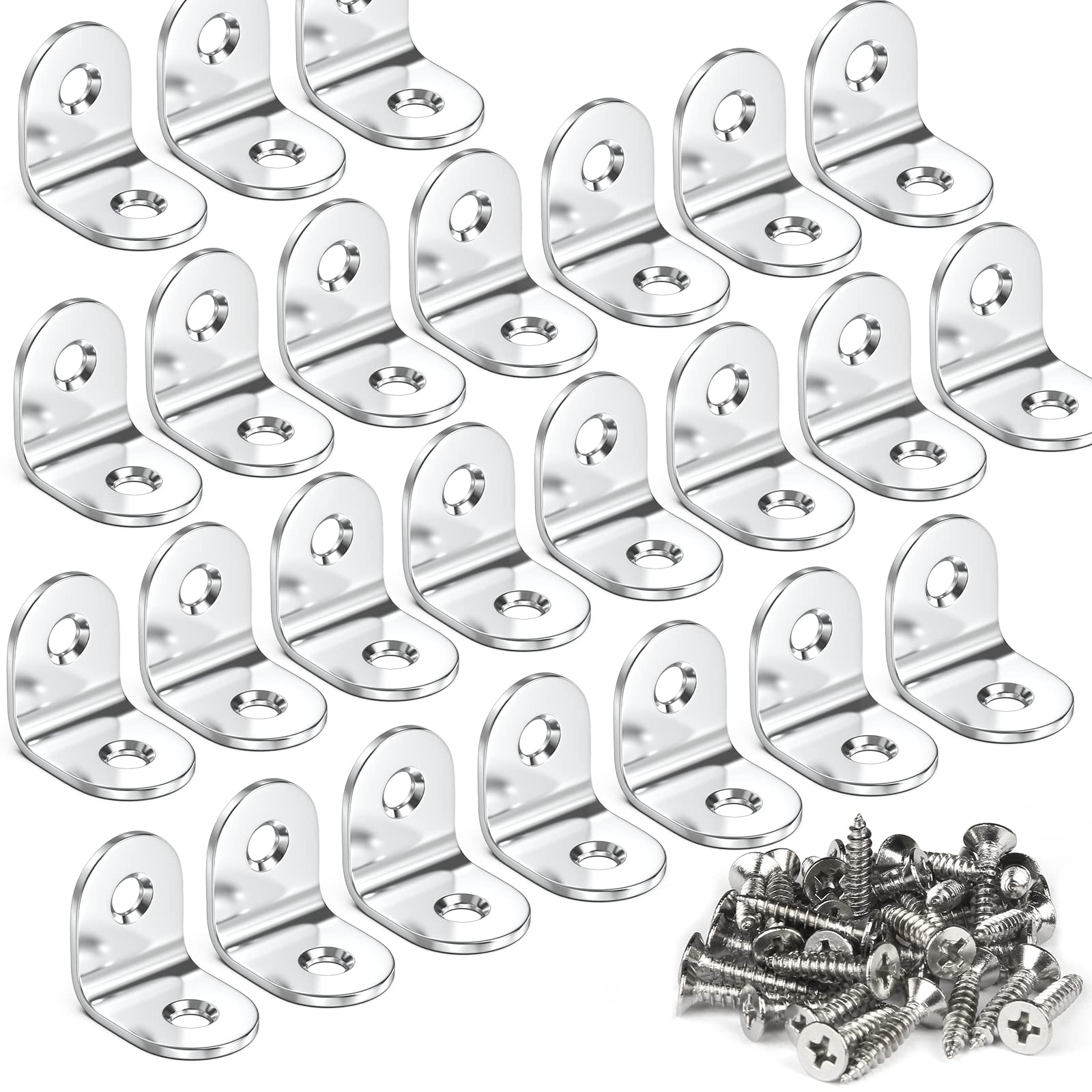 Teenitor 25 Pcs Corner Braces - 20x20mm 90 Degree Right Angle Brackets Fastener Stainless Steel L Shaped Corner Bracket with 50 Pcs Screws Brace Corner Steel Joint Silver