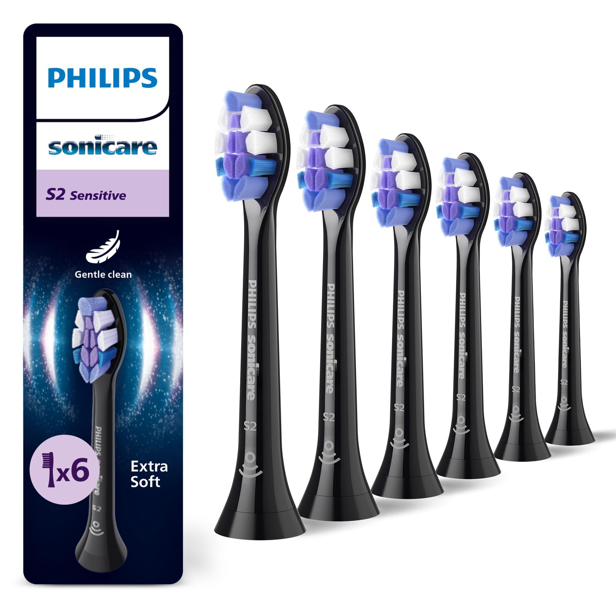 Philips Sonicare S2 Sensitive, Original-Ersatzbürstenköpfe, Schwarz, 6er-Pack, HX6056/88