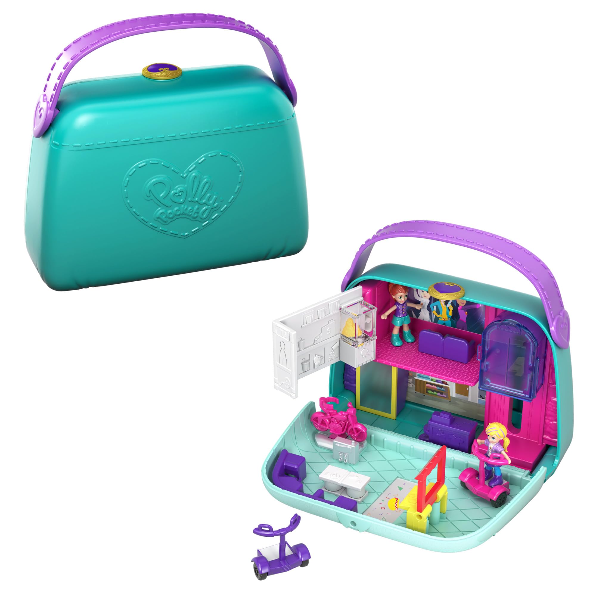 Polly Pocket Pocket World Mini Mall Escape Purse-shaped Compact with Micro Polly and Lila dolls, Surprise Reveals, Movie Theater, Elevator, Dressing Room, Scooters & More; Ages 4 and Older, GCJ86