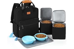 DELOMO Dog Travel Bag, Airline Approved Organizer Backpack with Multi-Function Pockets, 25L Accessories Set with 2 Food Storage Containers, 2 Foldable Bowls for Weekend