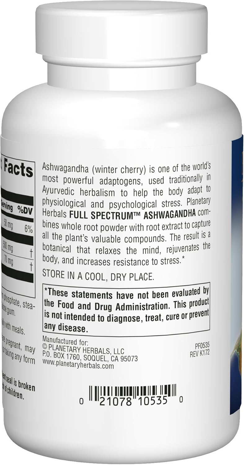 Planetary Herbals Ashwagandha Full Spectrum 570 mg, Rejuvenating Tonifier,120 Tablets: Health & Personal Care