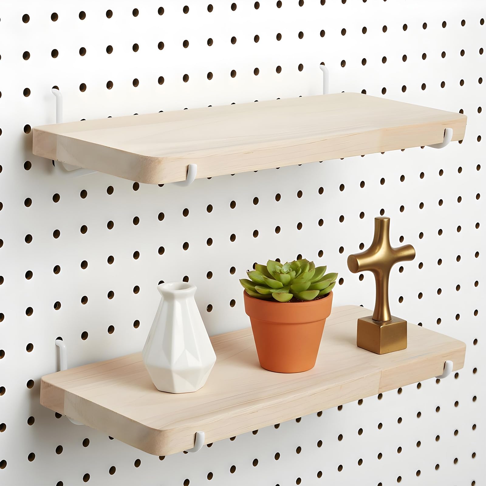 Photo 1 of 2 Pack Pegboard Shelves, Solid Wood Wall Shelf with Hooks, Solid Wood Pegboard Shelf, High Balance and No tilt, Wooden Pegboard Shelves for Metal Pegboard, Organizer Accessories for Home & Office