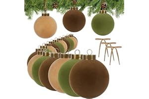 IPOPU 15PCS 3.15" Velvet Christmas Balls with 10PCS Velvet Bows Christmas Tree Ornaments Set Flocked Christmas Balls for Xmas Decorative Hanging Ornaments(Brown, Green, Khaki)