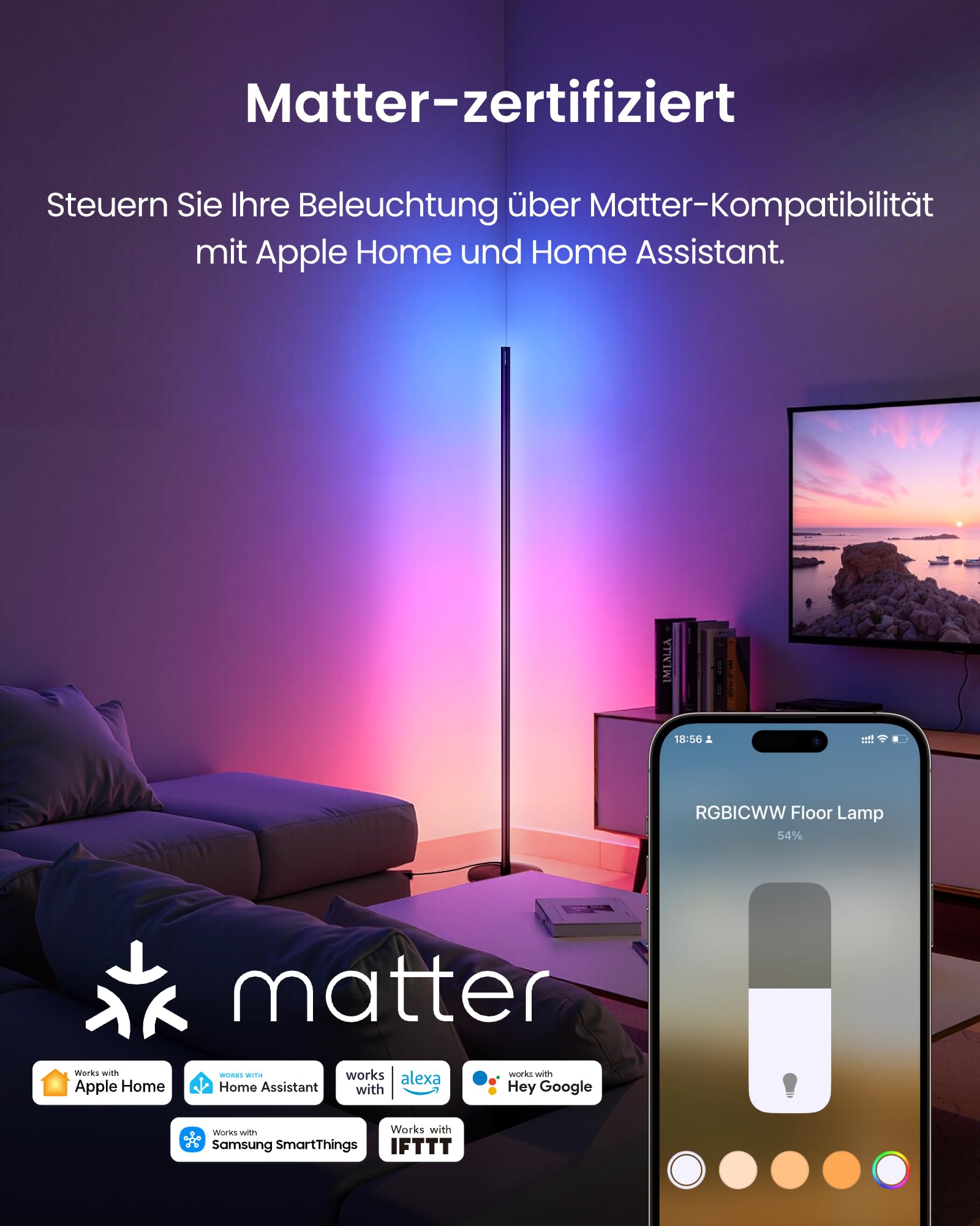 SwitchBot Matter RGBICWW Stehlampe Wohnzimmer, Warm- & Kaltweiß, Floor Lamp Dimmbar mit Apple Home, Alexa, Google Home, APP-Steuerung, Musikmodi, Szenenmodi, LED Stehlampe Schwarz für Schlafzimmer 2