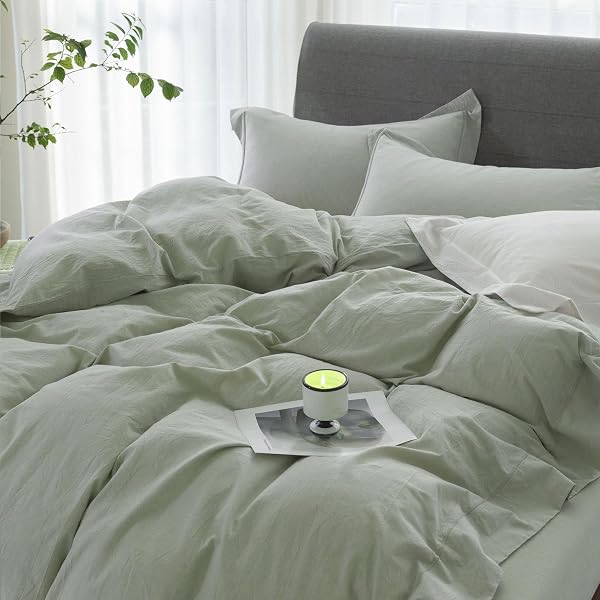ELIMMO COOLING KING DUVET COVER SET 3 PIECES-100% WASHED COTTON WITH CHIC WIDE TRIM DESIGN LINEN LIKE TEXTURED ULTRA SOFT COZY BEDDING WITH ZIPPER CLOSURE(HEMMED SAGE GREEN,KING 104″X90″)