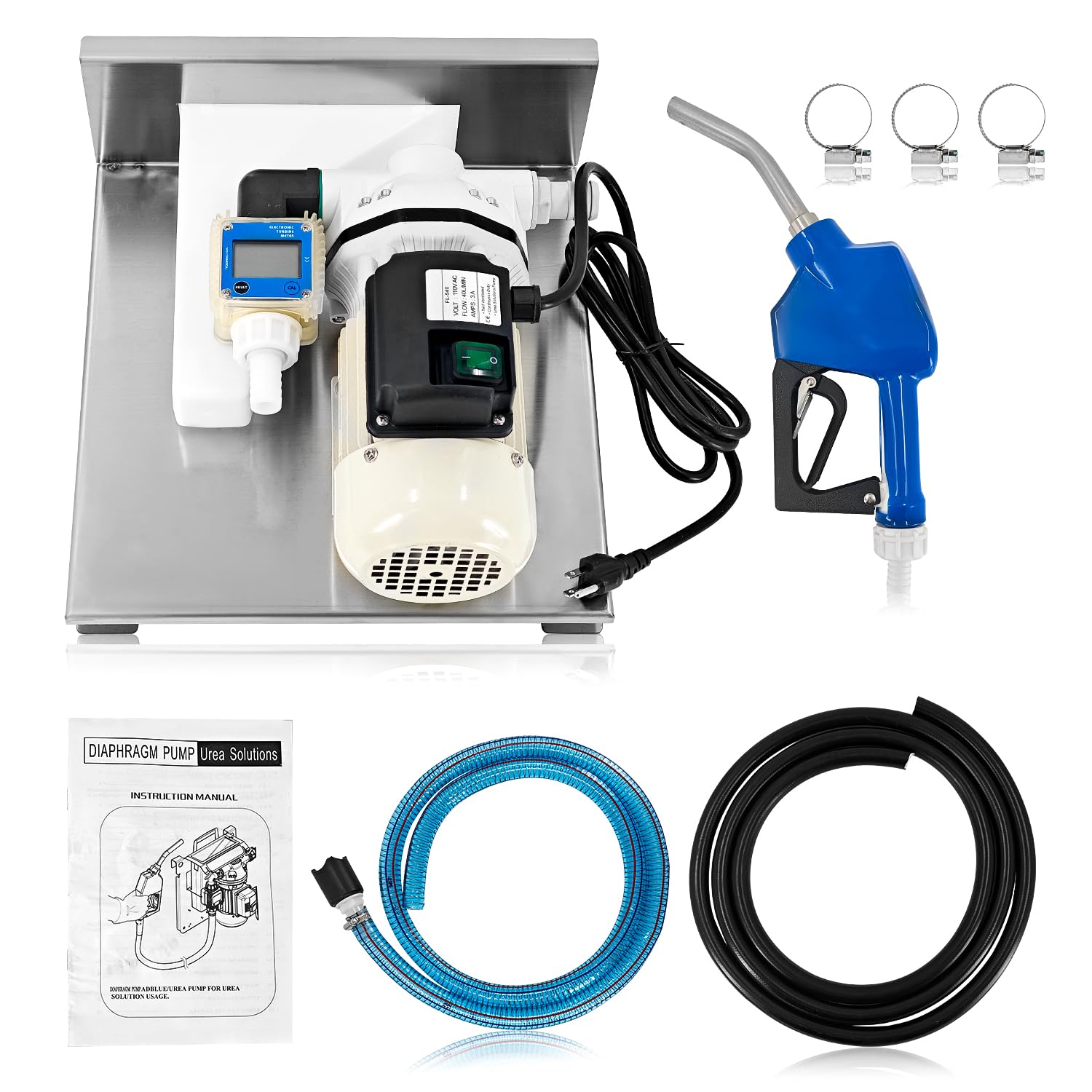 Photo 1 of *Dirty/Used* AC 110V DEF Transfer Pump Kit 10GPM/40LPM 550W DEF Pump DEF Pump Kit with Stainless Steel Shelf, Urea Gun, K24 Flowmeter, 4m 4.3/4 Black Flowline, 2m 1 Inch Oil Pipe w/Filter