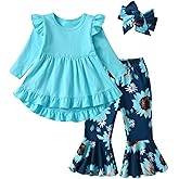 KuKitty Toddler Baby Girl Clothes Solid Color Long Sleeve Ruffle Tops Floral Bell-Bottoms Pants and Headband Outfits Set