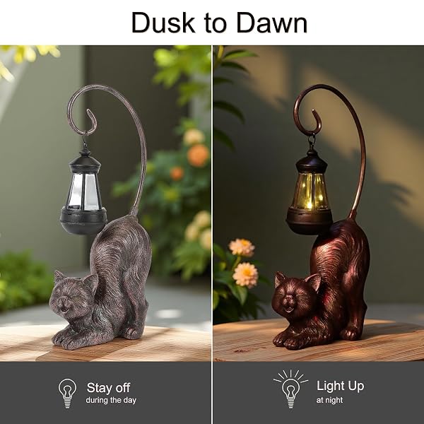HAPYARD SOLAR CAT FIGURINE, 15.7 INCHES TALL LED WATERPROOF ANTIQUE BRONZE RESIN STATUE, AUTO ON/OFF AT DUSK FOR CAT LOVERS OR MEMENTO GIFT OUTDOOR DECOR