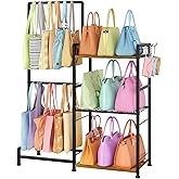 Purse Storage Organizer for Women, 3-Tier Max Purse Storage Stand Rack Holder & Bag Shelf for Closet,12 Fixed Hooks& 3 Side Hooks,Keeping Purses Visible,Purse Display & Bag Organizer for Various Bags