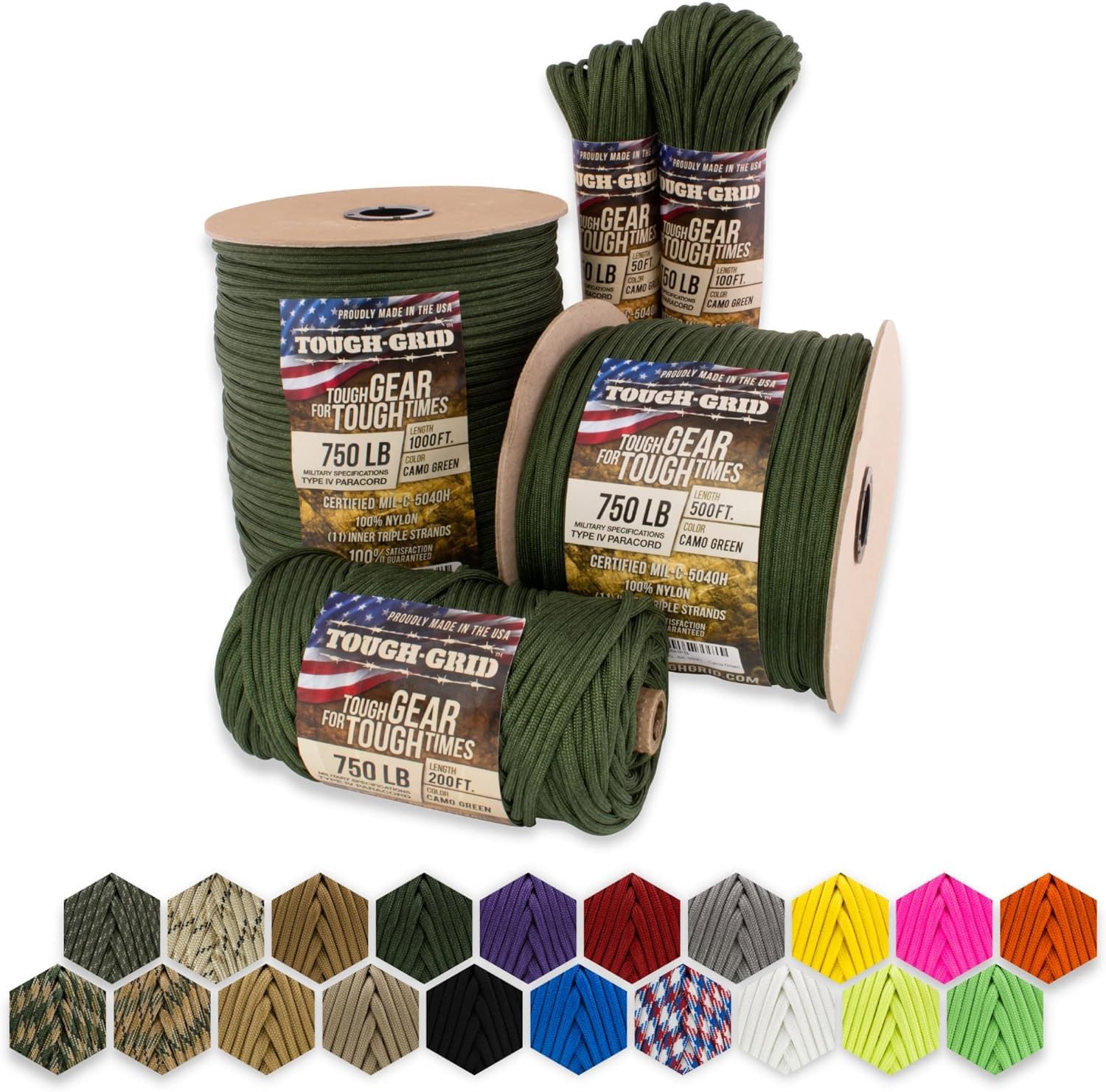 TOUGH-GRID PC200 750lb Paracord - 100% Nylon Military Specifications Type IV - For Military, Camping, Hammocks, Emergencies - Camo Green