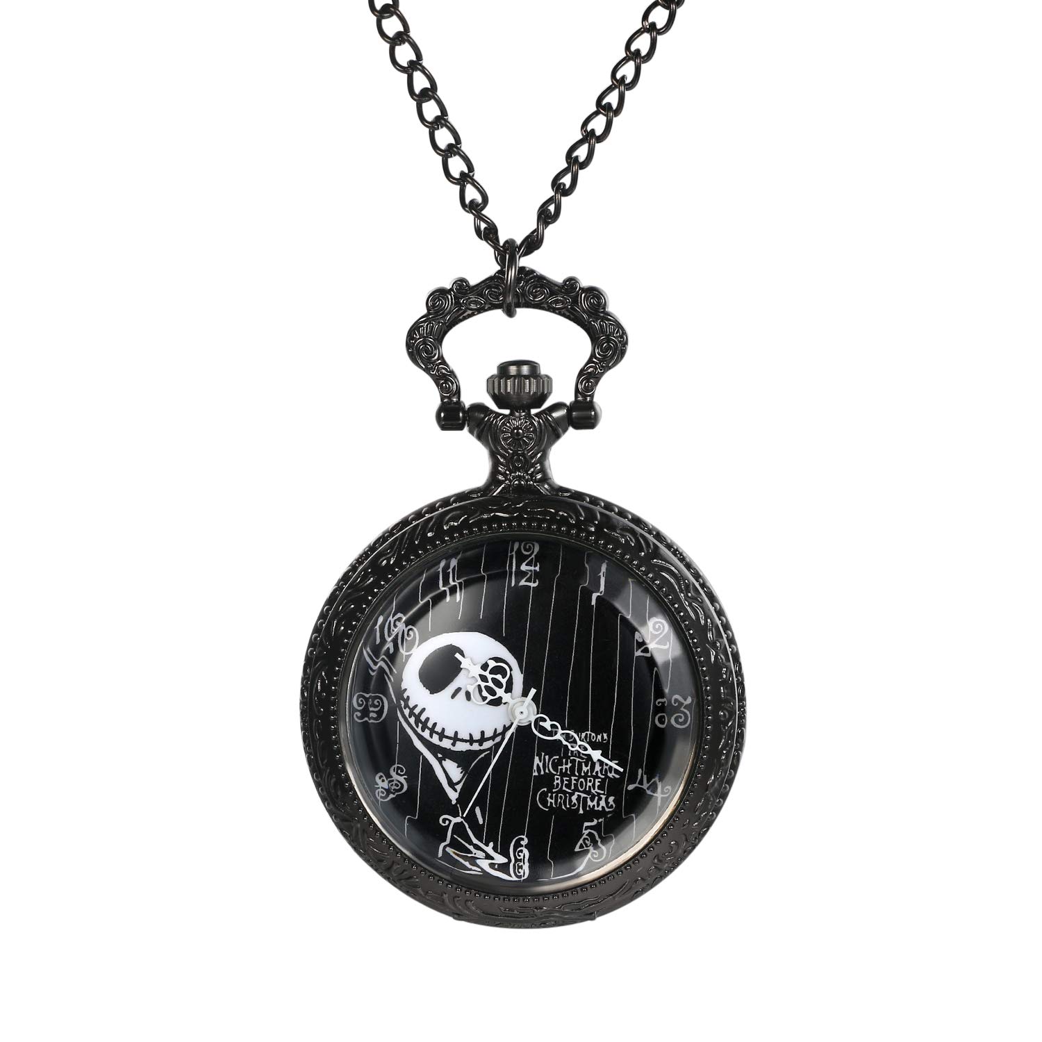 JewelryWe Men Women Unisex Kids Nightmare Before Christmas Vintage Themed Skeleton Pocket Watch with Chain Black Necklace Watch for Xmas