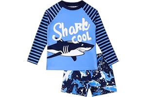 AIWUHE Toddler Boys' Rash Guard Swimsuit Two Piece Short Sleeve Bathing Suit and Swim Trunk Set Dinosaur Swimwear with Hat