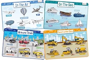 merka Kids Placemat, 4 Pack Toddler Educational Placemats 17x11 in, for Dining Table Features Transportation, Air, Sea, Town, Construction Zone, Silicone Reusable Wipeable Mats