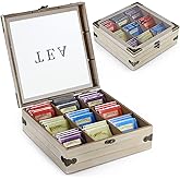 MOLIGOU Wood Tea Box Organizer, Tea Storage Chest with Glass Lid, 9 Compartments, Tea Bag Holder for Cabinet, Pantry