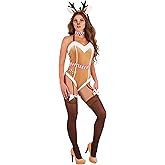 Womens Alluring Reindeer Costume - Velvet Bodysuit with Faux Fur Trim, Wired Antlers, Sculpted Ears, and Adjustable Belt