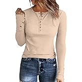 APOFER Womens Long Sleeves Ribbed Knit Tunic Shirts Scoop Neck Button Down Tops Casual Henley Tee Shirt Slim Fit Blouses