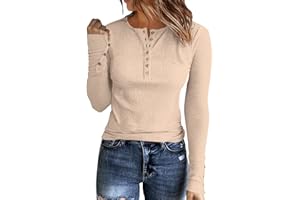 APOFER Womens Long Sleeves Ribbed Knit Tunic Shirts Scoop Neck Button Down Tops Casual Henley Tee Shirt Slim Fit Blouses