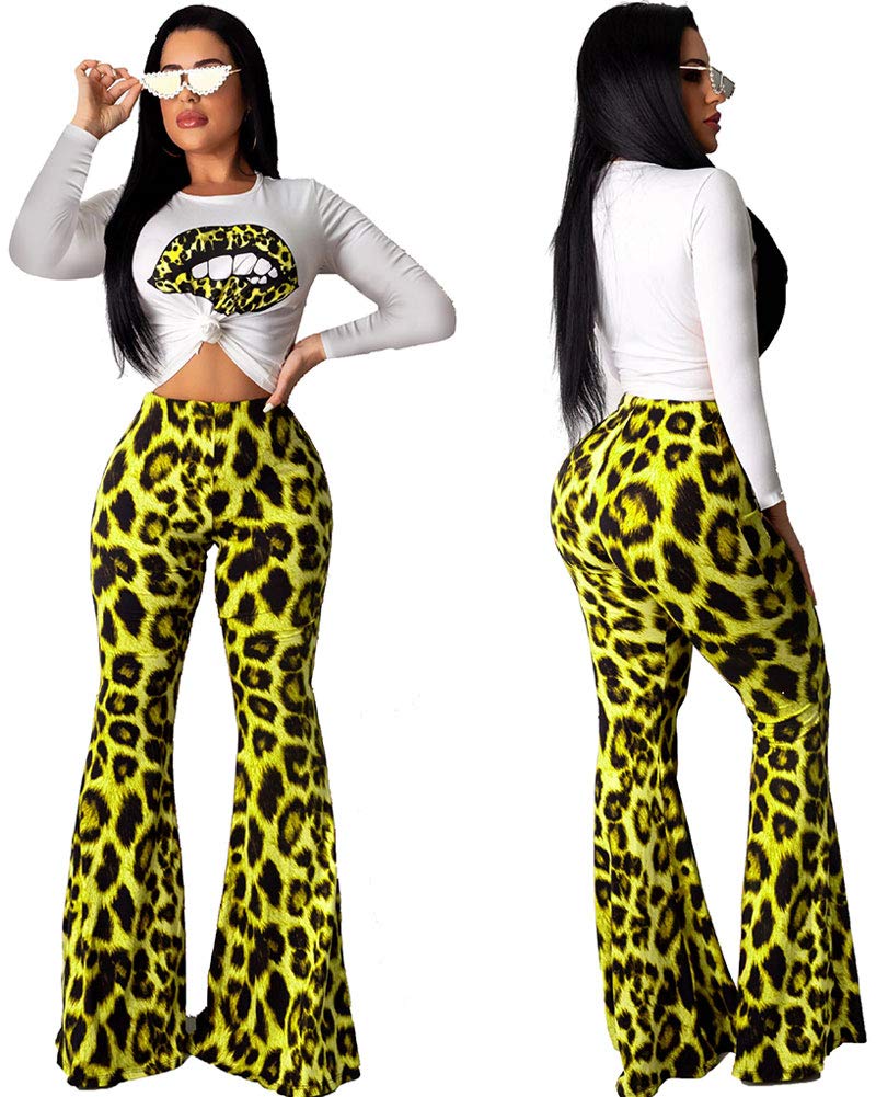 Women Sexy 2 Piece Sets - Casual Jumpsuits Leopard Outfits Long Sleeve Shirt Pant Yellow 2XL